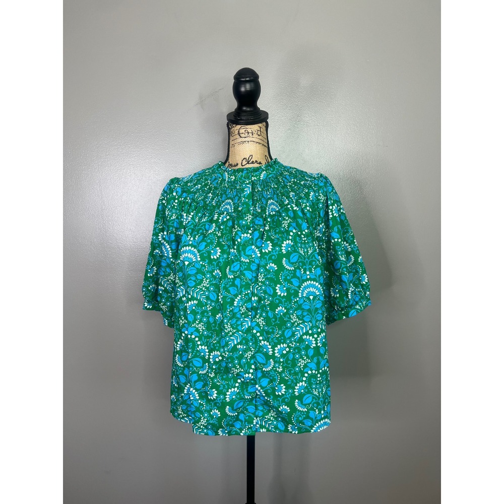 Sugarlips Womens XL Green Blue Floral Smocked Blouse cottage core boho - Picture 10 of 10